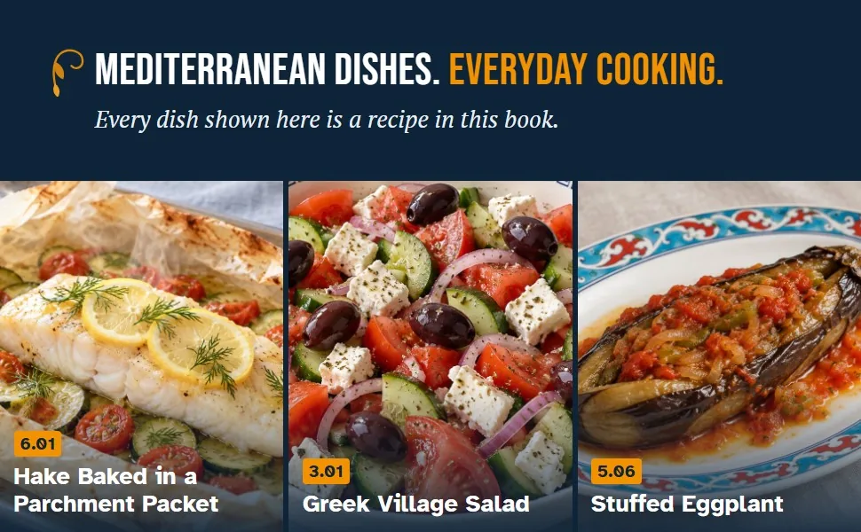 Three dishes from the book: Hake Baked in a Parchment Packet, Greek Village Salad and Stuffed Eggplant.