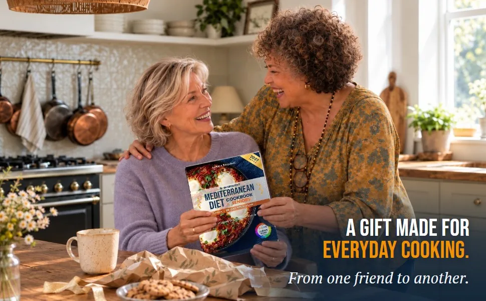Two friends at a kitchen table, one holding the cookbook as a gift.