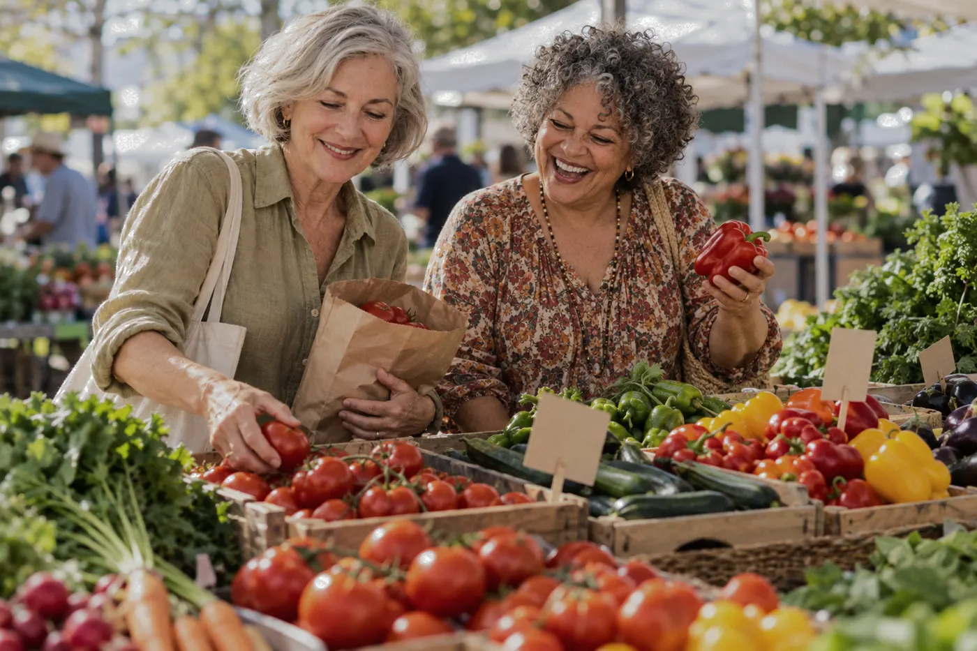 Our cook and her friend choosing tomatoes at the market