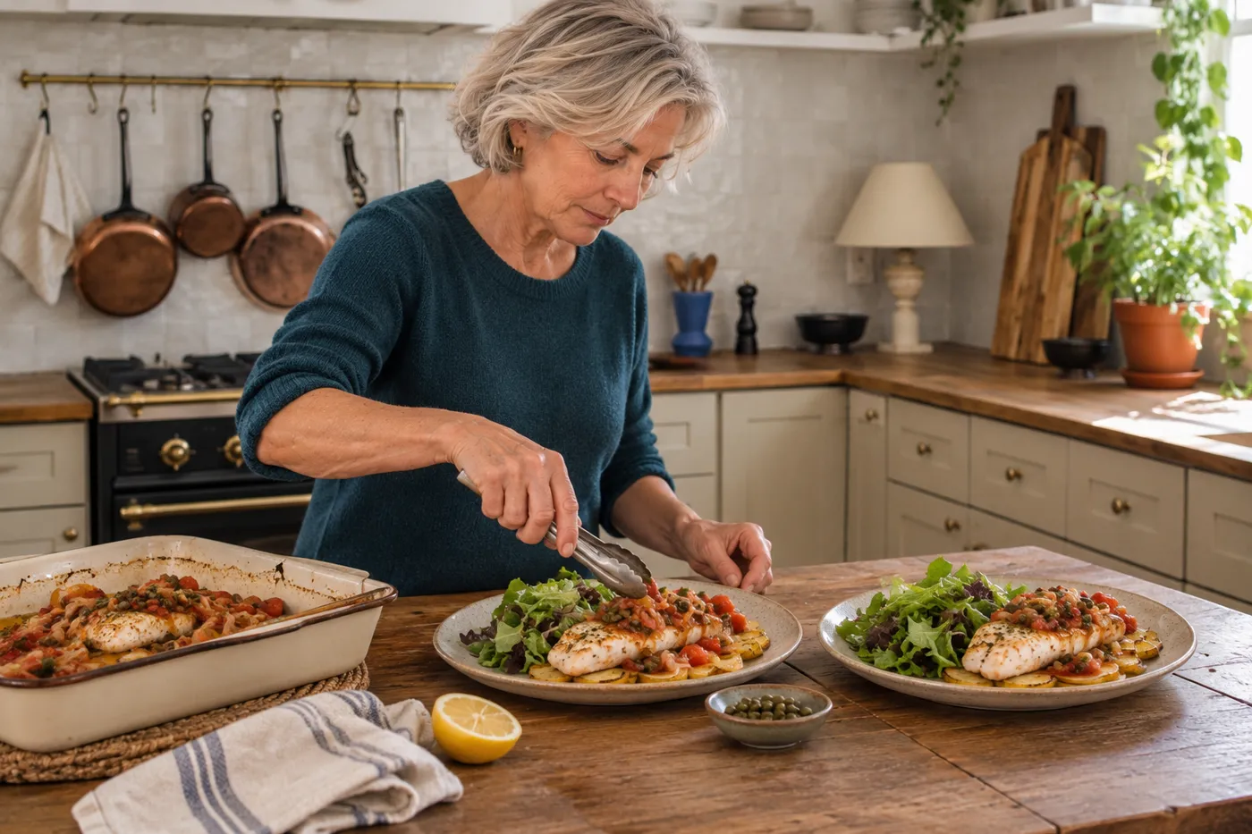 Our cook plating fish with a green salad
