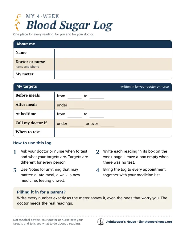 First page of My Blood Sugar Log: about me, my targets, how to use the log