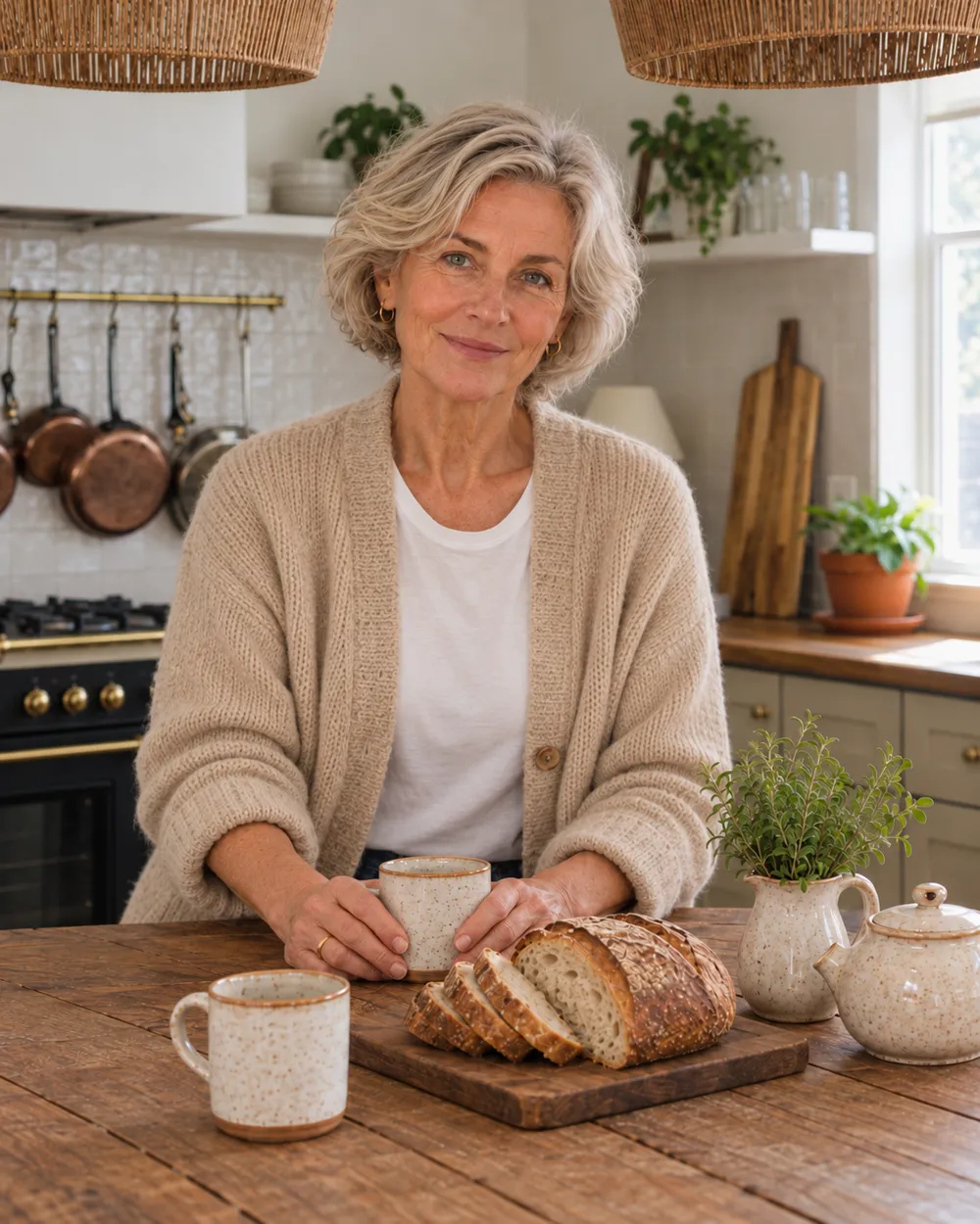 Ellen at her kitchen island, smiling at you